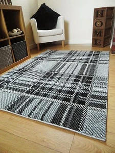 New Grey Silver Tartan Design Modern Small Large Thick Soft Floor Mat Rugs  - Picture 1 of 1