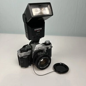 Canon AE-1 Program 35mm Film SLR FD 28mm f2.8 Lens JAPAN With Achiever Flash - Picture 1 of 11