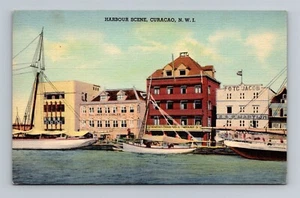 Harbour Scene Curacao NWI Harbor Vintage Linen Postcard - Picture 1 of 2