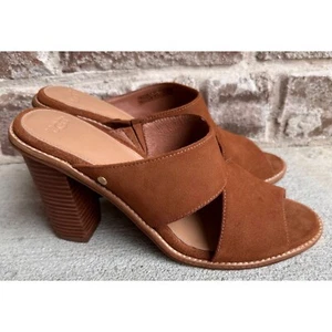 UGG Celia Heels Sz 9 Logo Suede Leather Slip on Sandals Slides Stacked Heels - Picture 1 of 12