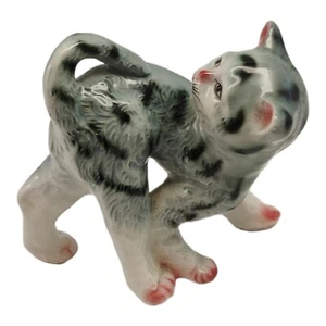 Ceramic Cat Figurine Gray Stripped Arched Back Japan READ - Picture 1 of 10