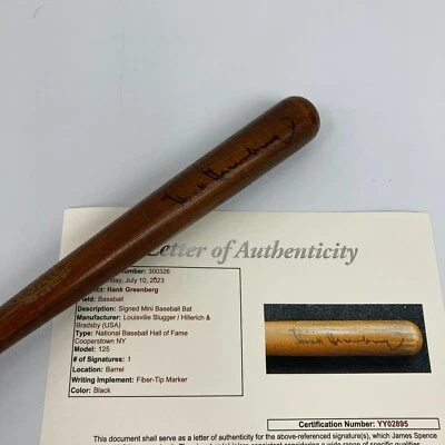 Hank Greenberg Signed 1950's Hall Of Fame Mini Baseball Bat JSA COA - Image 1 of 4
