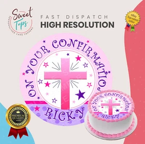 CONFIRMATION PINK EDIBLE ROUND BIRTHDAY CAKE TOPPER DECORATION PERSONALISED - Picture 1 of 1