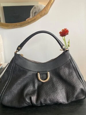 Authentic Gucci Abbey GG Guccissima Leather Hobo D Ring Bag Black Shoulder Purse - Image 1 of 4