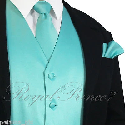 Turquoise XS - 6XL Solid Vest Waistcoat and Neck Tie SET Suit or Tuxedo Formal - Image 1 of 4