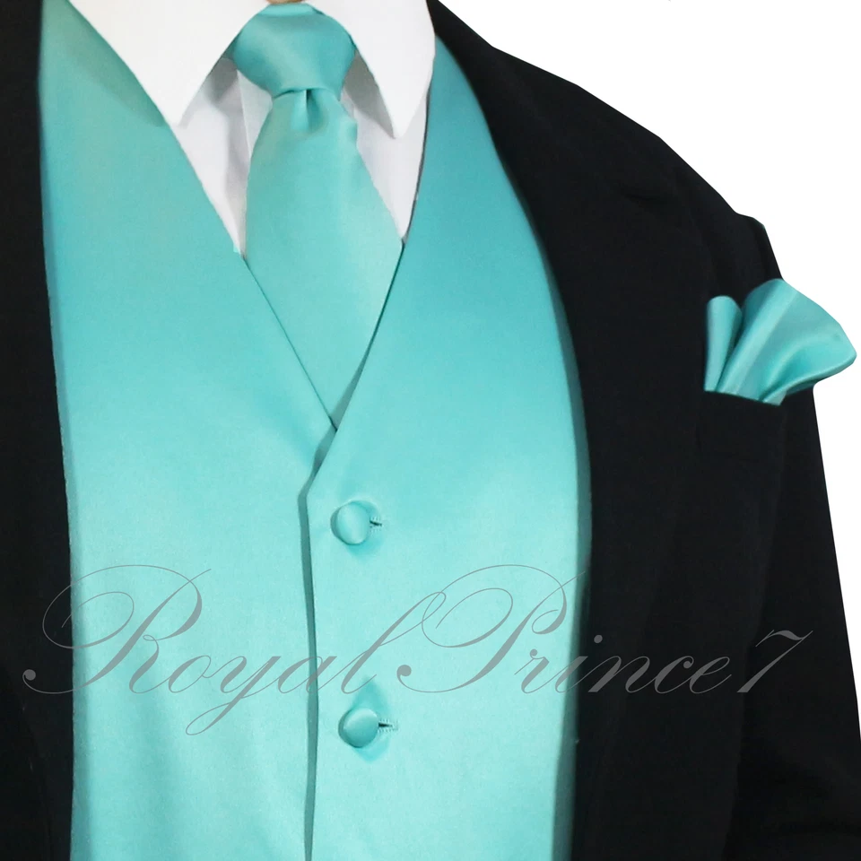 Turquoise XS - 6XL Solid Vest Waistcoat and Neck Tie SET Suit or Tuxedo Formal - Image 1 of 4