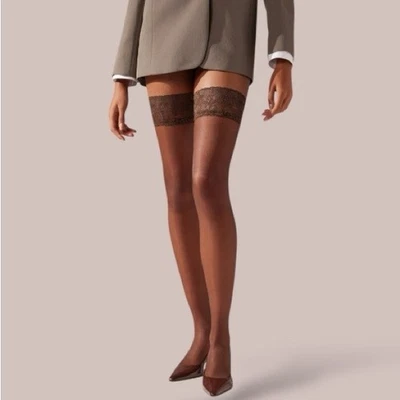 Medias hasta el muslo vintage Victoria’s Secret marrón encaje talla S Foto 1 de 4