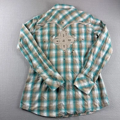 Camisa feminina Ariat Western Pearl Snap xadrez M bordada cowgirl rodeio verde - Imagem 1 de 4