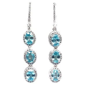 925 Sterling Silver Sea Foam Blue - White Zircon Birthstone Jewelry Earrings - Picture 1 of 4