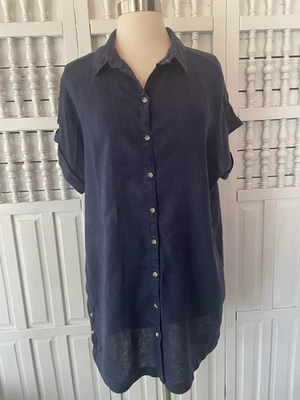 Nicole Miller womens large blue button up 100% Linen casual short shirt dress J5 - Image 1 of 4