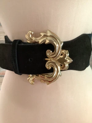 Vintage Express Wide Elastic Black Suede Belt Polished Gold Fleur de Lis Buckle - Image 1 of 4