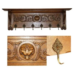 FINE DUTCH HEAVILY CARVED OAK COAT HAT SCARF WALL RACK HANGER LION HEAD CARVED - Picture 1 of 12