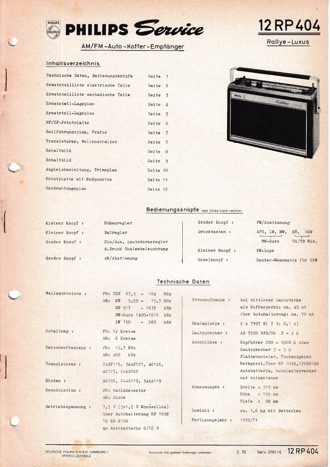 Servizio Manuale di Istruzioni per Philips 12 Rp 404, Rallye Lusso - Immagine 1 di 1