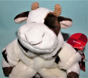 Russ Berrie plush white & brown cow in a coat #66183 NEW, 6 in, sitting farm - Picture 1 of 3