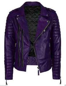 BOMBER BIKER Nuovo Uomo Viola Giacca 100% Vera Pelle di Agnello Moto Biker Cappotto Giacca - Foto 1 di 4