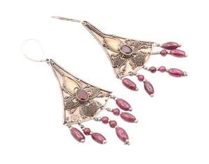 18k Gold 925 Sterling Silver Vintage Earrings Floral Dangling Garnet EG13341 - Picture 1 of 7