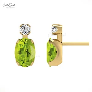 Natural Peridot Oval Gemstone Earrings 14k Real Gold Diamond Accent Stud For Her - Picture 1 of 22