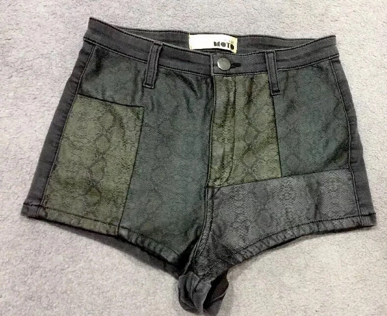 Pantalones Cortos Topshop Moto Damas Cintura Alta Recubiertos 8 W26 Negro Teal Serpiente Verano Foto 1 de 4