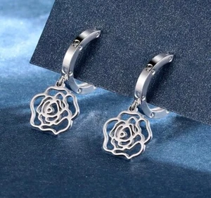 Pure Solid Platinum Hanging Rose Drop Huggie Hoop Earrings, Pt950, 2.2g, dangle - Picture 1 of 7