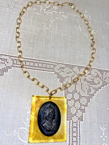 Vintage/Antik Bakelit & Zelluloid schwarz CAMEO Halskette 21" Apfelmus Gliederkette - Bild 1 von 22