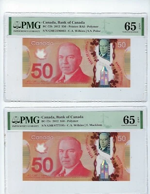 CANADA 2012 50 DOLLARS  BC-72b & 72c  PMG 65 Change over Pair Both GME Tough set - Image 1 of 2