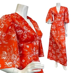 VINTAGE 60s 70s ORANGE WHITE FLORAL DOTTY BELL SLEEVE BOHO SUMMER MAXI DRESS 6 - Picture 1 of 7