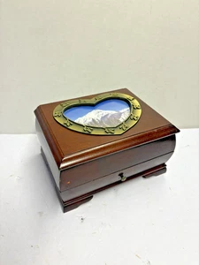 Vintage Schmuckkästchen aus Holz mit Spiegel Glas Herz Szene Berge gebraucht - Bild 1 von 9