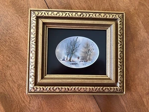 Vintage 80er Jahre kleines Original Aquarell Landschaft mattiert im 4x5 Rahmen; Winter, Bäume - Bild 1 von 15