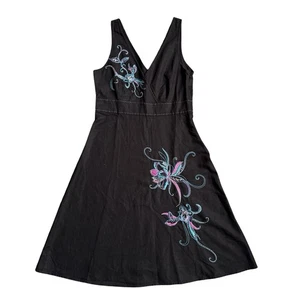 Vintage Y2K New Look Linen Blend Dress Sleeveless Black Womens UK 14 Embroidered - Picture 1 of 9