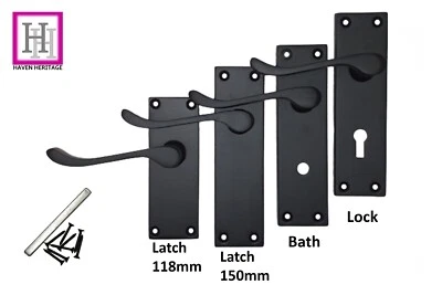 DOOR HANDLE MATT BLACK VICTORIAN LEVER SETS LATCH (118 OR 150mm) LOCK BATHROOM - Image 1 of 4