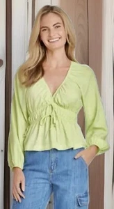 New Women's Universal Thread Key Lime Puff Long Sleeve Tie-Front Blouse Sz XXL - Picture 1 of 2