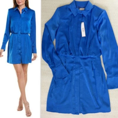 Vestido Camisa Corto BCBG New York Talla L Manga Larga Azul Olímpico Forrado Satinado Foto 1 de 4