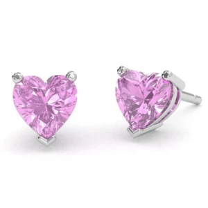 Lab-Created Pink Sapphire Heart Stud Earrings In 14k White Gold - Picture 1 of 8