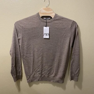 Men’s Medium ZARA NWT Brown Taupe Long Sleeve Pullover Crewneck Sweater - Picture 1 of 8