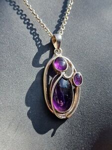 Large amethyst gemstone pendant necklace 925 sterling silver unmarked