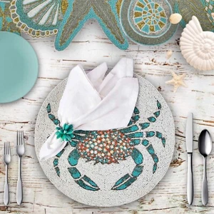 Stay Salty Crab Ocean Set for 4 Beaded Placemats Table Runner and Napkin Rings - Picture 1 of 4