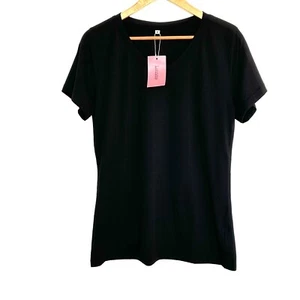 Lunivop Women’s T-shirt Medium Black Casual V Neck Short Sleeve Solid Top NWT - Picture 1 of 9