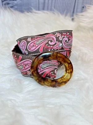 YRI Women's Pink Brown Paisley Ribbon Belt Tortoise Shell Buckle Sz M Preppy - Image 1 of 4