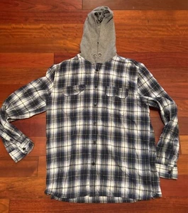 Aeropostale Mens Blue White Gray plaid hooded flannel shirt size Medium M - Picture 1 of 1