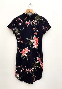 AX PARIS Dress UK 10 Navy Blue Floral Short Stretch Bodycon Oriental Party - Picture 1 of 9
