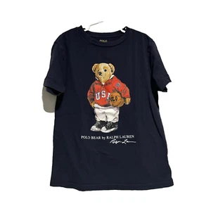 Polo Ralph Lauren Boys T-Shirt Navy Polo Bear Basketball Small 8 Crew Neck - Picture 1 of 4