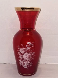 VTG Norleans Lipstick Red Gold Rim White Flowers Painted Vase Signed AB - Picture 1 of 12