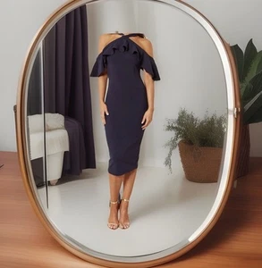 New Girl In Mind Size 14 Navy Holly Halterneck Frill Cold Shoulder Midi Dress - Picture 1 of 16