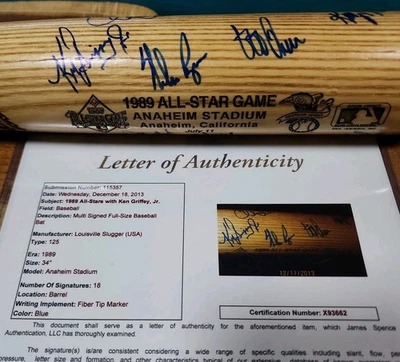 ⚾️¡Bate firmado por el equipo All-Star Game 1989! Griffey Jr, Ryan, Mattingly, Jackson*JSA⚾️ Foto 1 de 4