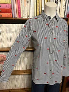 J Crew Ladies 6 8 XXS Top Blouse Shirt Lip Print Embroidered Pinstripe Boyfriend - Picture 1 of 10