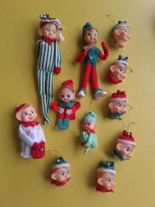 Lot of 11 Pixie Elf Ornaments Knee Huggers Vinyl Face Japan Vintage Christmas - Picture 1 of 18