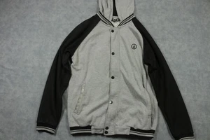 Volcom Jacket Mens Large Gray Black Hooded Varsity Snap Button Sweatshirt Logo - Picture 1 of 8