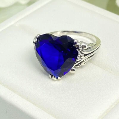 Heart Gem, Simulated Sapphire Ring, Sterling Silver Filigree D213 - Image 1 of 4