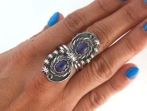 Sterling Silber und Amethyst verziert XL verstellbar 6-12 Southwestern Ring - Bild 1 von 8