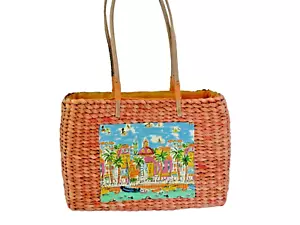 Sun 'n' Sand verzierte Stroh Strand Handtasche Handtasche orange Bahama Island Szene - Bild 1 von 11